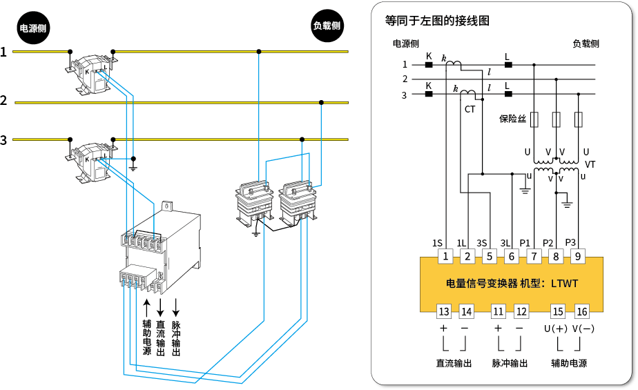 三相电量信号变换器的实际布线图（参考）