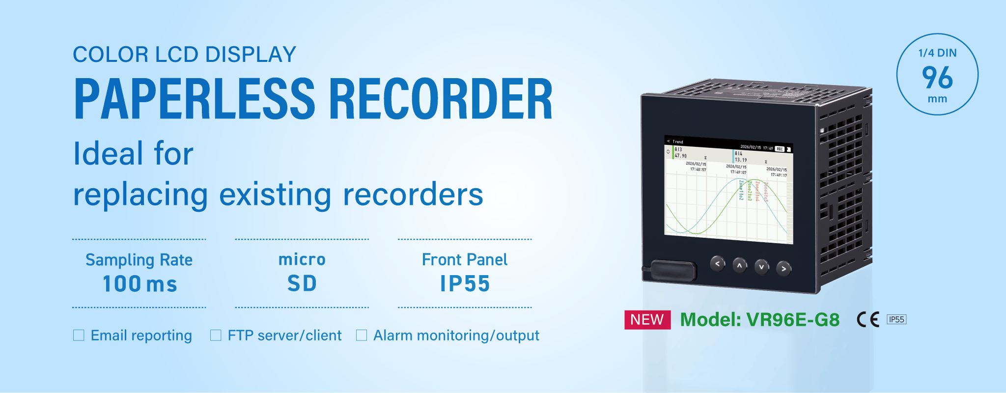 Color LCD Display, 1/4 DIN Size (96x96 mm) Paperless Recorder VR96E-G8