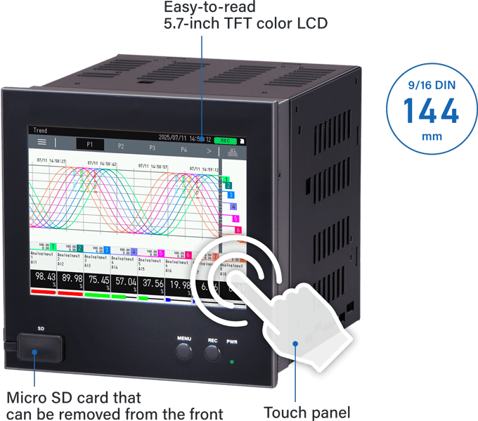 5.7-inch TFT LCD, touch panel, 9/16 DIN Size (144x144 mm) Paperless Recorder VR144E-G16