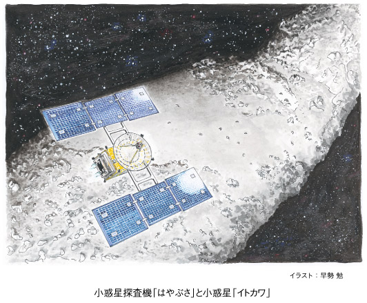 小惑星探査機「はやぶさ」と小惑星「イトカワ」のイラスト