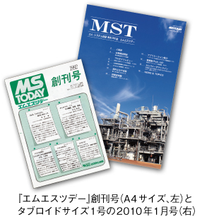 『エムエスツデー』創刊号（A4サイズ、左）と タブロイドサイズ1号の2010年1月号（右）