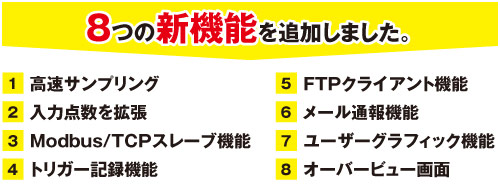 8つの新機能を追加しました。(1) 高速サンプリング / (2) 入力点数を拡張 / (3) Modbus/TCPスレーブ機能 / (4) トリガー記録機能 / (5) FTPクライアント機能 / (6) メール通報機能 / (7) ユーザーグラフィック機能 / (8) オーバービュー画面