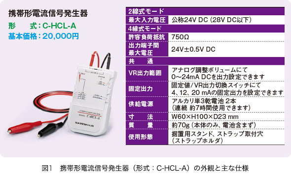 図1　携帯形電流信号発生器（形式：C-HCL-A）の外観と主な仕様