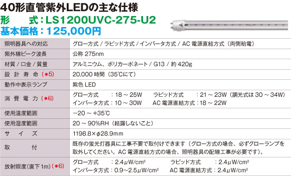 40形直管紫外LEDの主な仕様