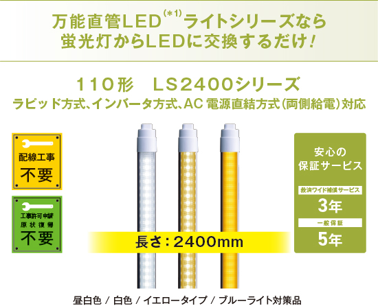万能直管LEDライトシリーズなら蛍光灯からLEDに交換するだけ! 110形　LS2400シリーズ ラピッド方式、インバータ方式、AC電源直結方式（両側給電）対応