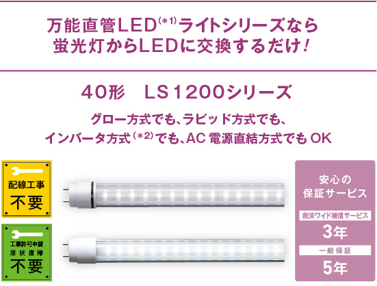 万能直管LED（＊1）ライトシリーズなら蛍光灯からLEDに交換するだけ!40形　LS 1200シリーズ グロー方式でも、ラピッド方式でも、インバータ方式（＊2）でも、AC 電源直結方式でもOK