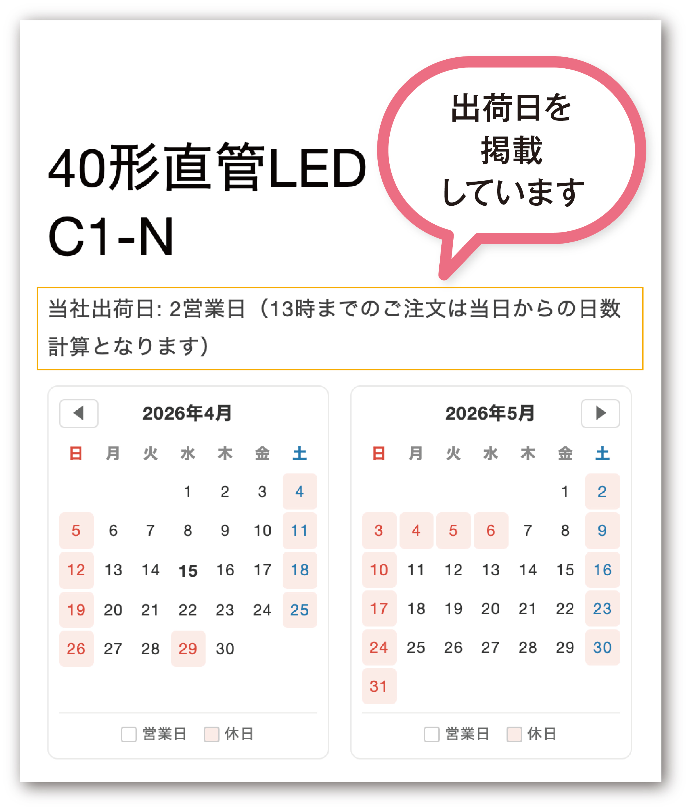 出荷日を掲載しています