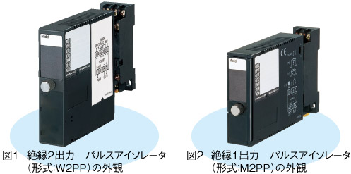 図1　絶縁2出力　パルスアイソレータ（形式：Ｗ2PP）の外観／図2　絶縁1出力　パルスアイソレータ（形式：M2PP）の外観