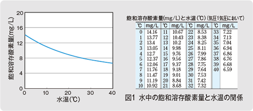 図1 水中の飽和溶存酸素量と水温の関係