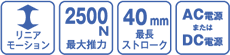 リニアモーション／2500N 最大推力／40mm最長ストローク／24V DC供給電源